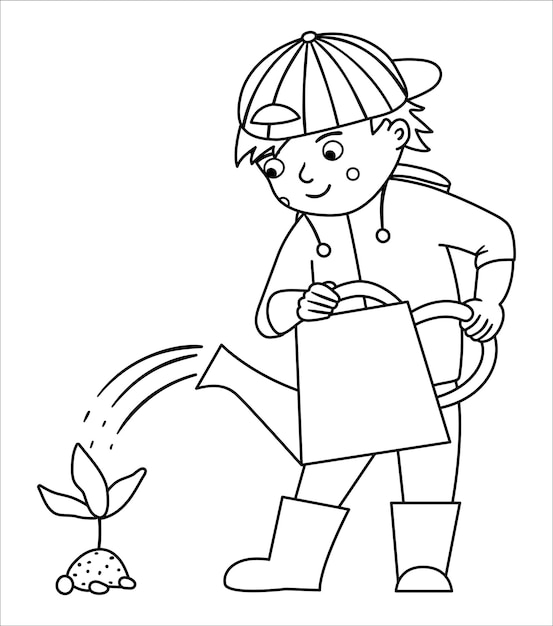Premium vector vector black and white boy watering plant illustration cute outline kid doing garden work spring line gardening activity picture or coloring page xa