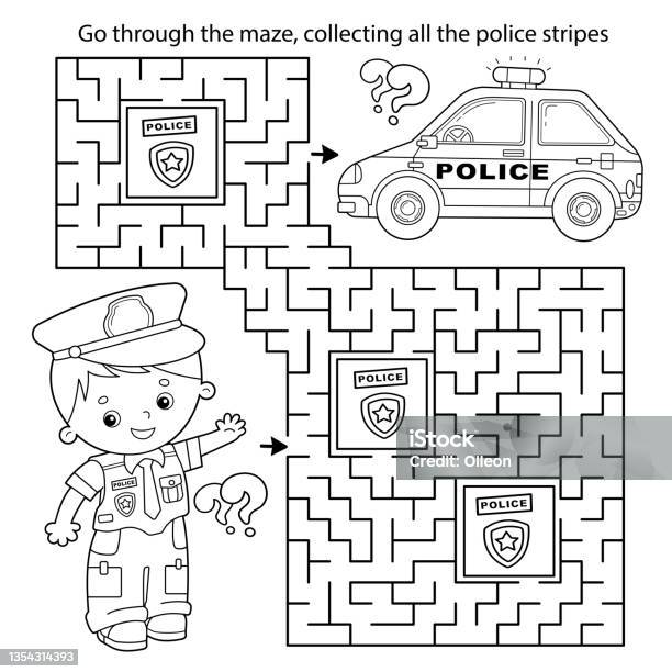 Maze or labyrinth game puzzle coloring page outline of cartoon policeman with car profession police coloring book for kids stock illustration