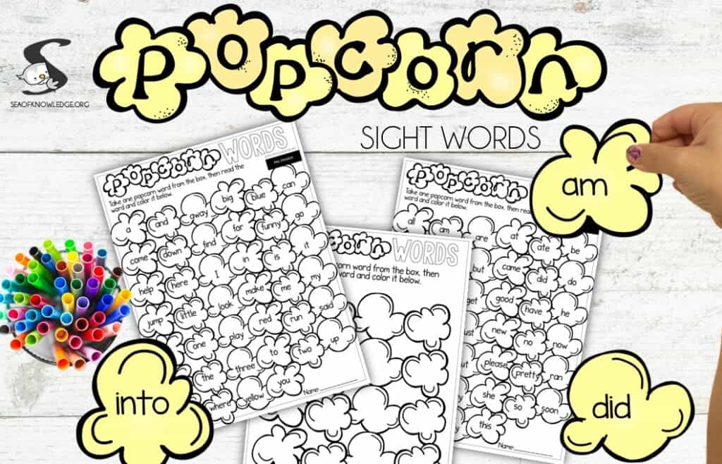 Fun free popcorn words kindergarten printable game