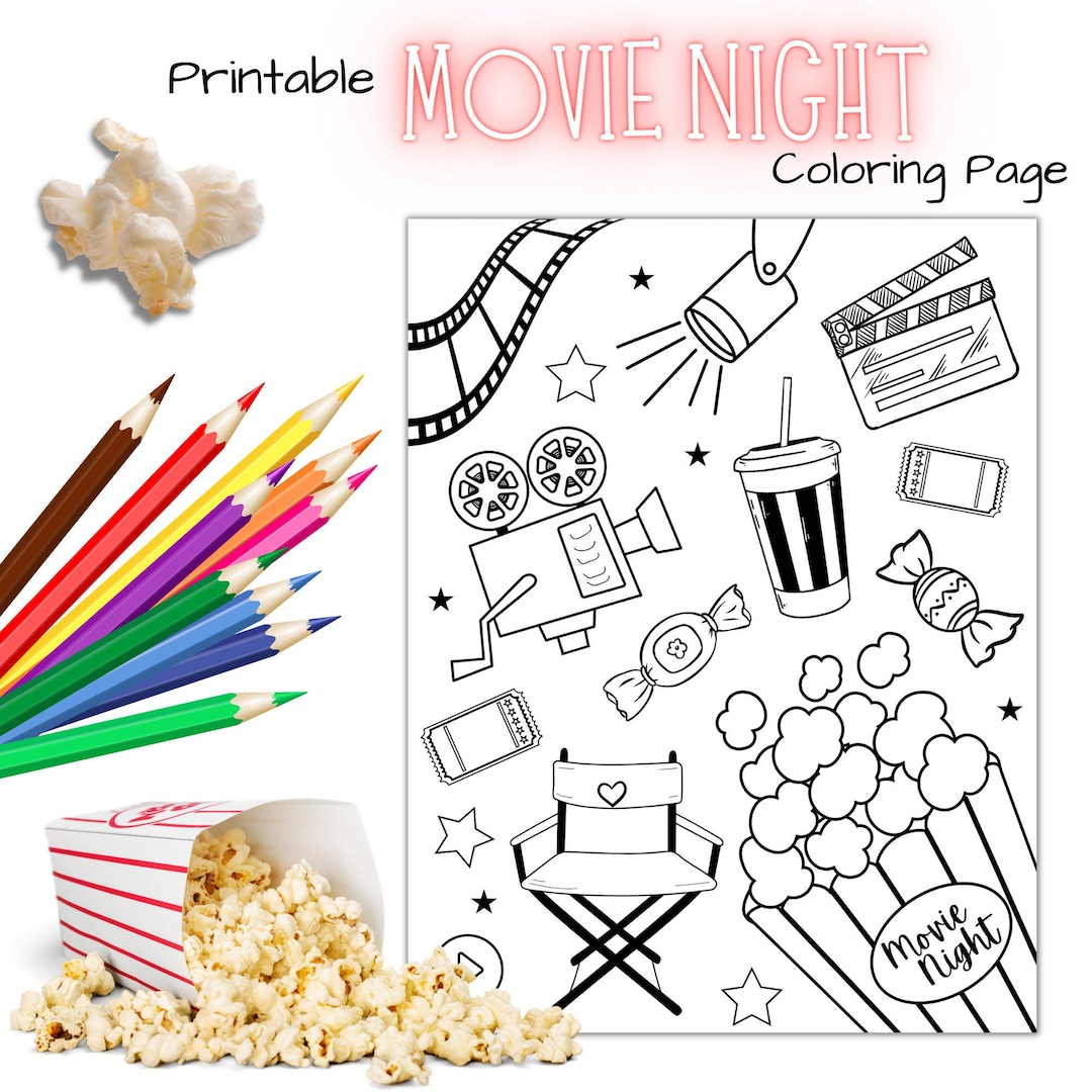 Printable movie night coloring page cinema coloring page for kids and adults
