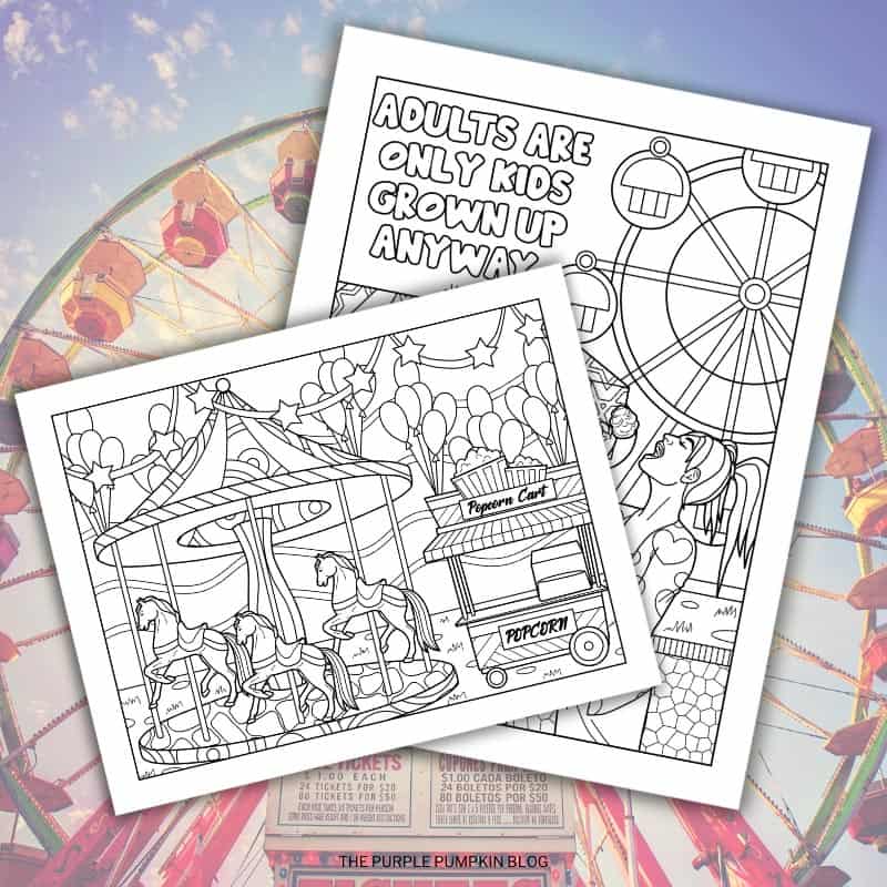 Two free printable fairground loring pages for adults to download