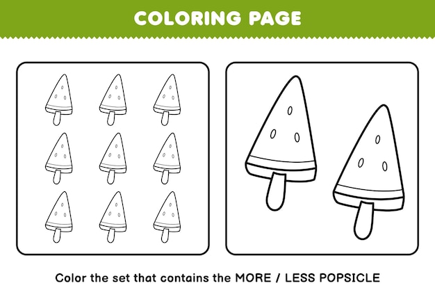 Premium vector education game for children coloring page more or less picture of cartoon popsicle line art set printable worksheet