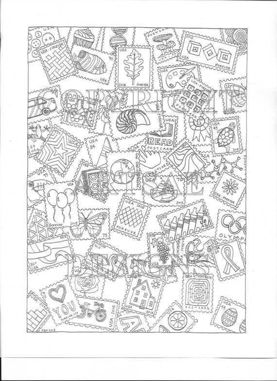Coloring page postage stamps instant download