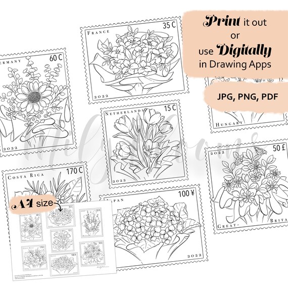 Printable and digital coloring page for adults tiny flower bouquets vintage coloring flower postage stamps floral print at home a