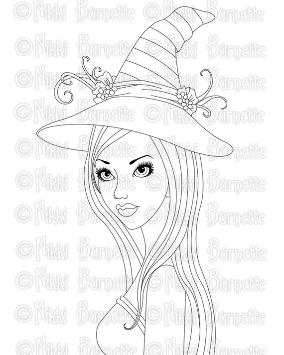 Digital stamp printable coloring page fantasy art witch stamp adult coloring page esme by nikki burnette personal use