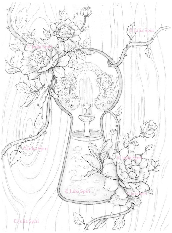 Coloring page digital stamp digi alice in wonderland roses whimsy line art garden door