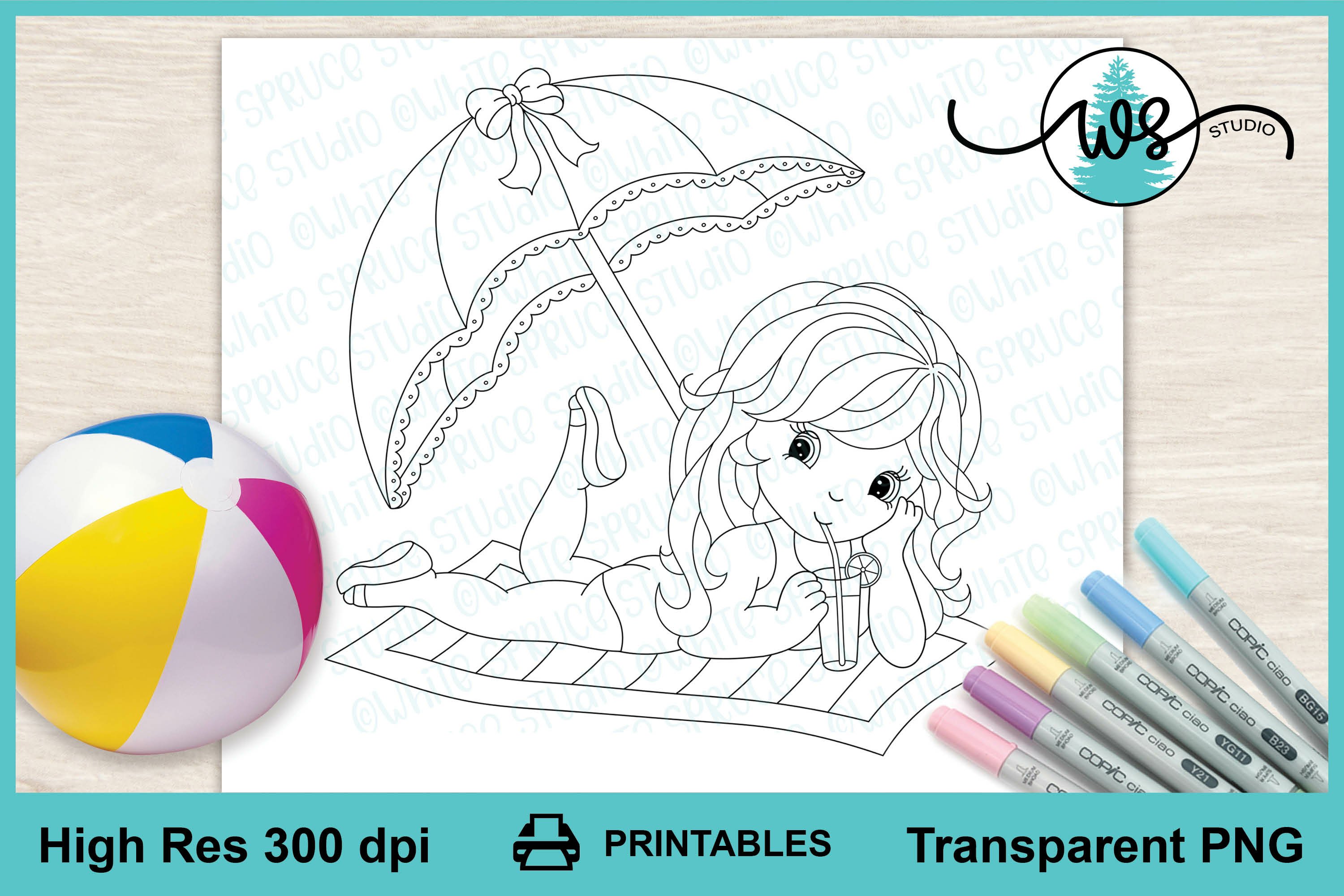 Digital stamp beach girl color page summer printable