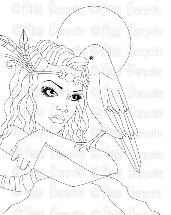 Digital stamp printable coloring page witch stamp adult coloring page portrait of morrigane by nikki burnette personal use