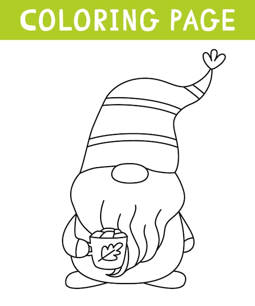 Premium vector cute gnome with cup of cocoa with marshmallows coloring page thanksgiving day printable worksheet