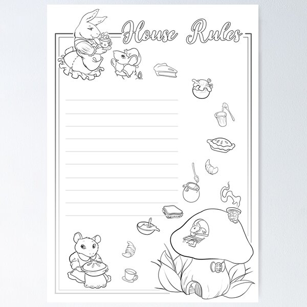 Coloring page blank cottagecore house rules for kids grandparents family airbnb poster by beewitchcottage