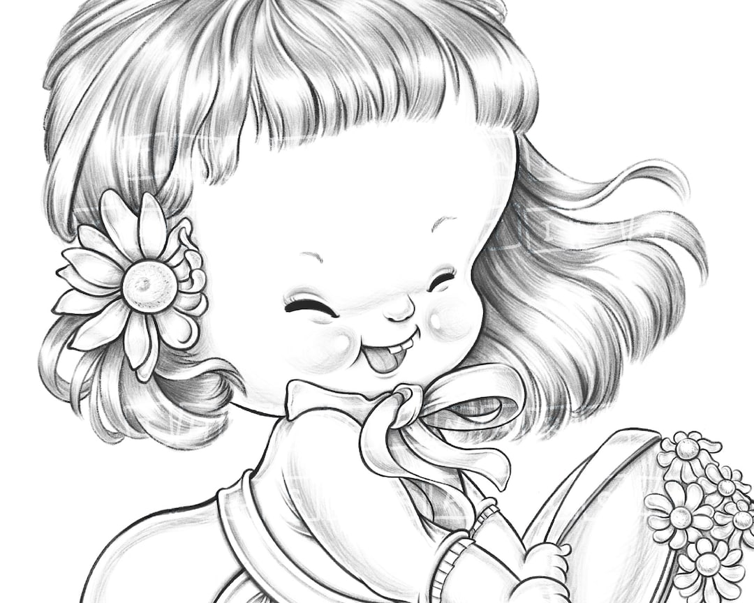 Happy day cute girl coloring page for adults and kids grayscale coloring sheet digital stamp printable graphic design download