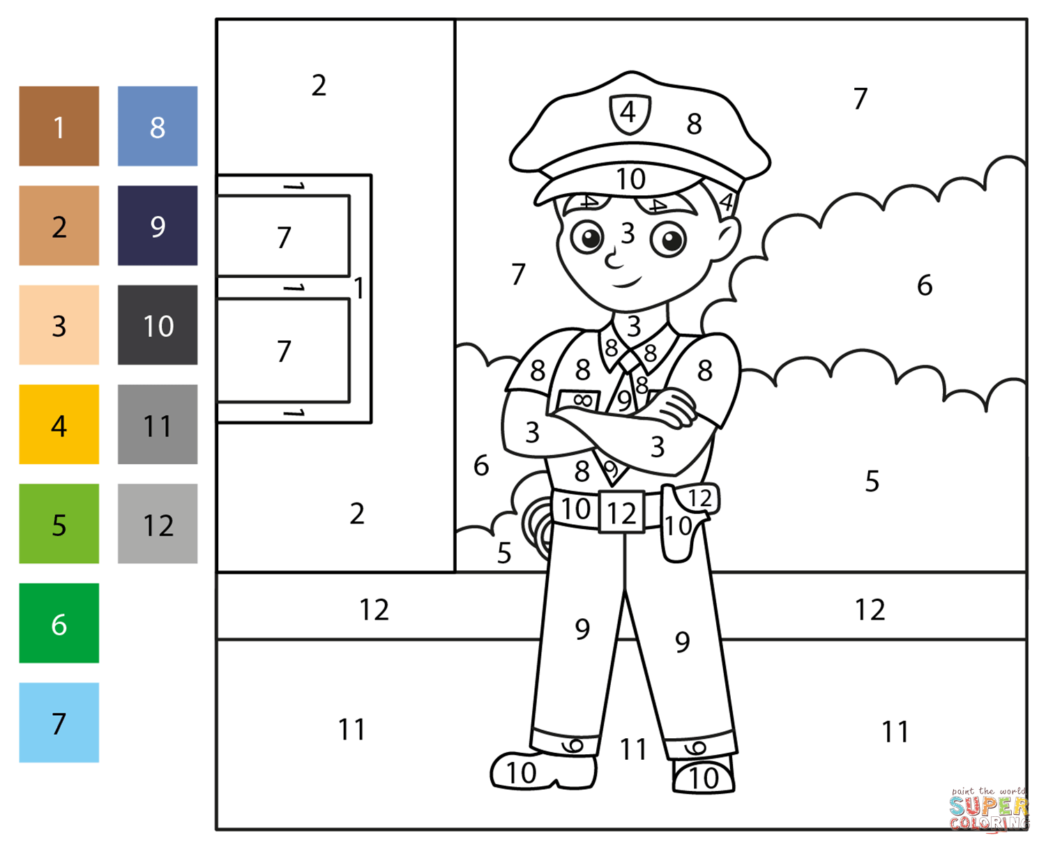 Police officer color by number free printable coloring pages