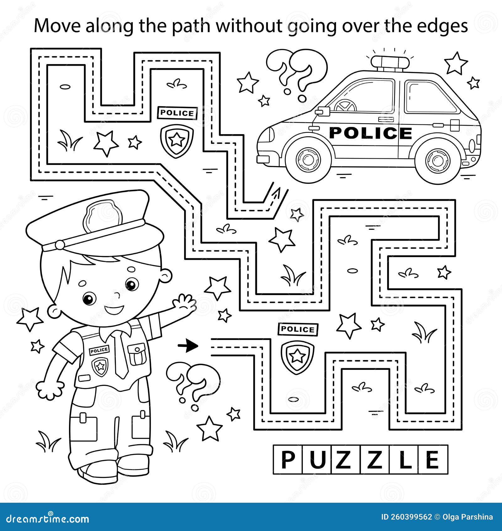 Handwriting practice sheet simple educational game or maze coloring page outline of cartoon policeman with car stock vector