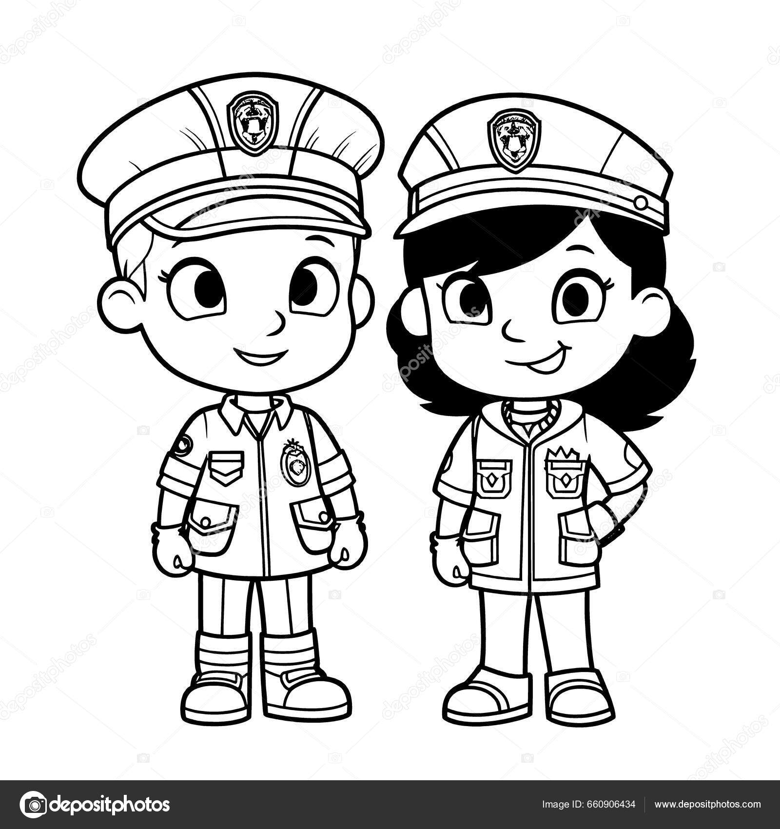 Police officer black white coloring pages kids simple lines cartoon stock photo by george