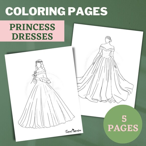 Princess coloring pages for girls set of coloring template gown design dress printable for adults coloring book fashion figure template