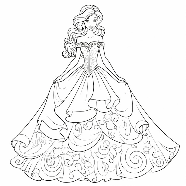 Premium ai image a coloring page of a princess in a dress with a tiable generative ai