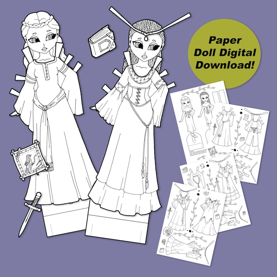 Printable princess paper dolls coloring book pdf digital download coloring for kids black and white printable paper dolls kids crafts download now