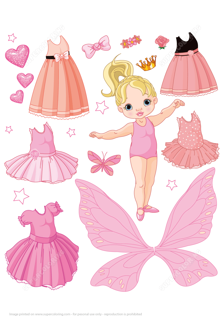 Baby paper doll with different ballet fairy and princess dresses free printable papercraft templates