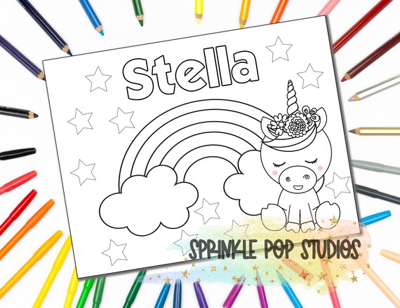Personalized coloring page unicorn rainbow custom coloring book page with name digital download coloring pages for kids