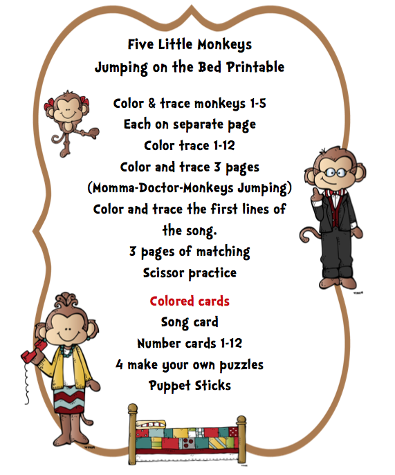 Five little monkeys jumping on the bed printable preschool printables