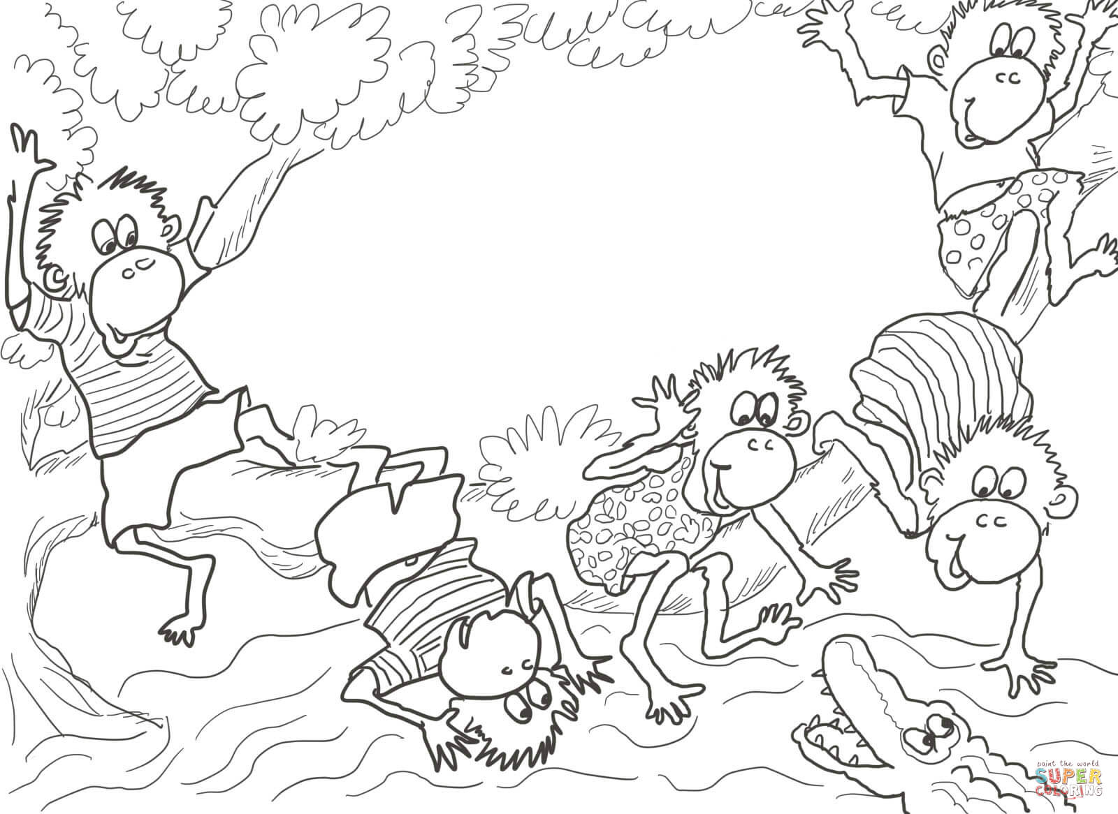 Five little monkeys sitting in a tree coloring page free printable coloring pages