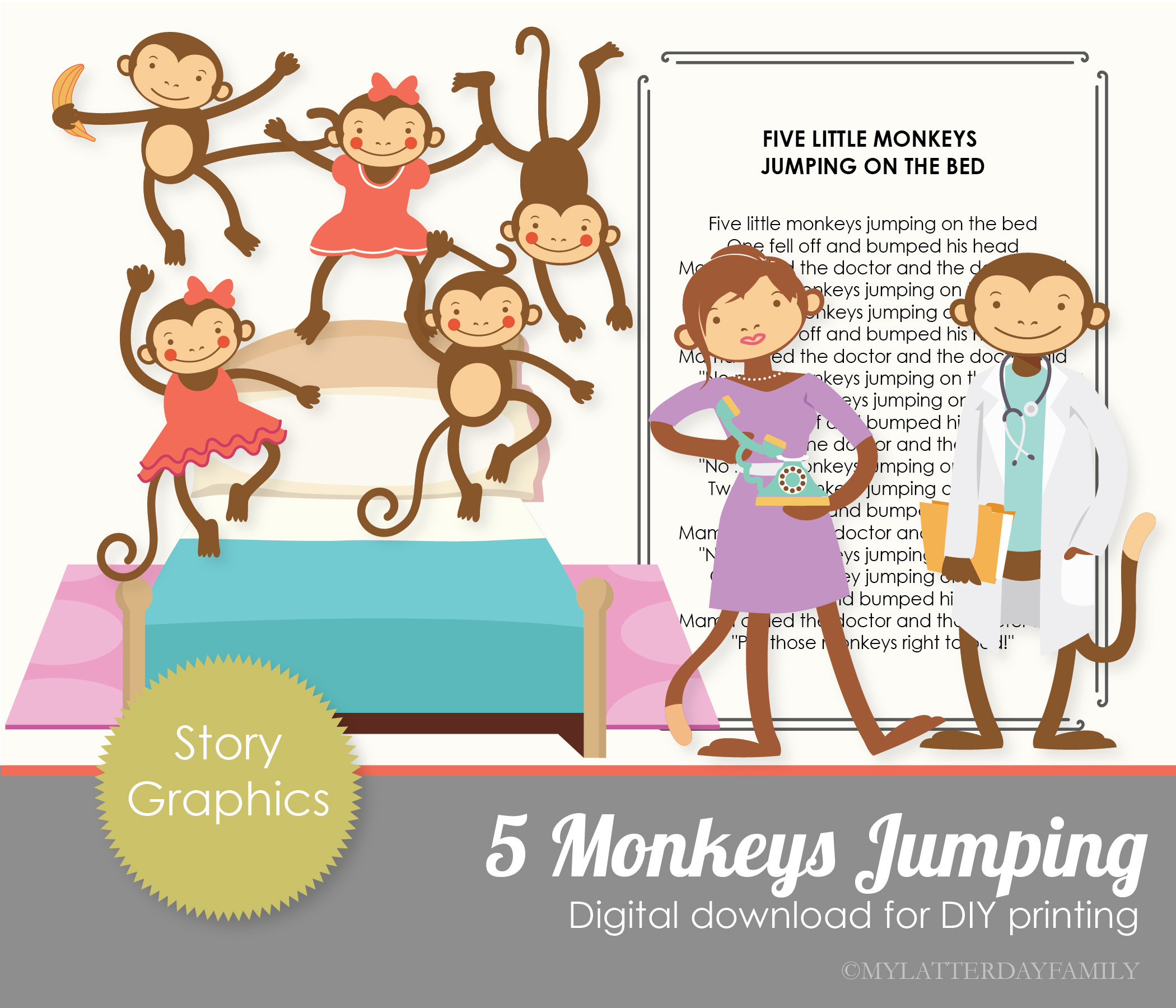 Five little monkeys jumping on the bed story graphics for story time printable digital instant download clipart set diy printable instant download