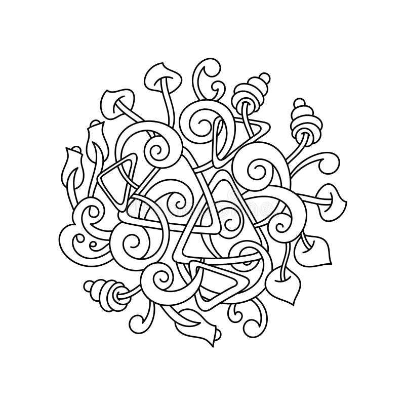 Psychedelic coloring book for adults interweaving entanglement of different elements stock illustration