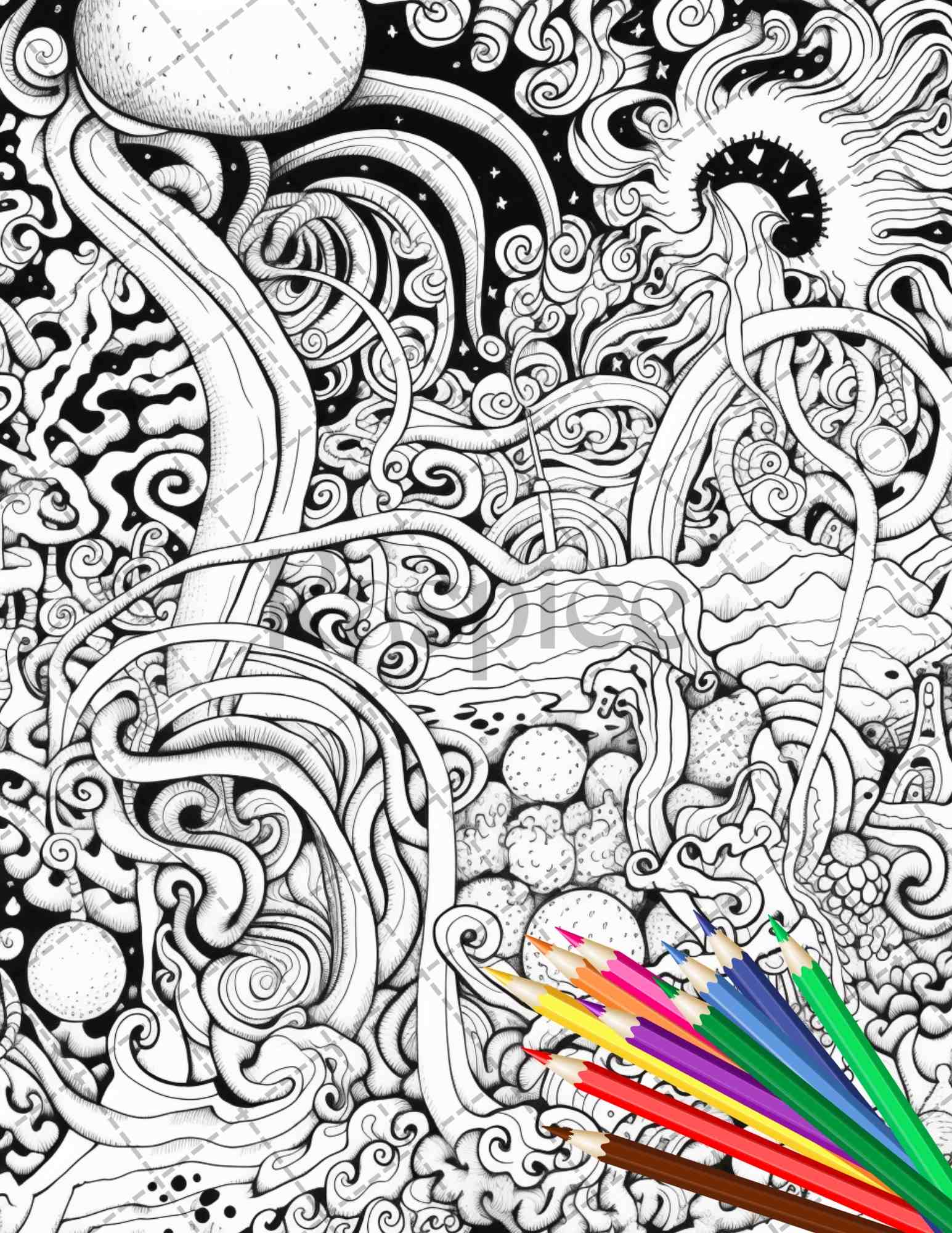 Psychedelic trippy coloring book printable for adults grayscale color â coloring