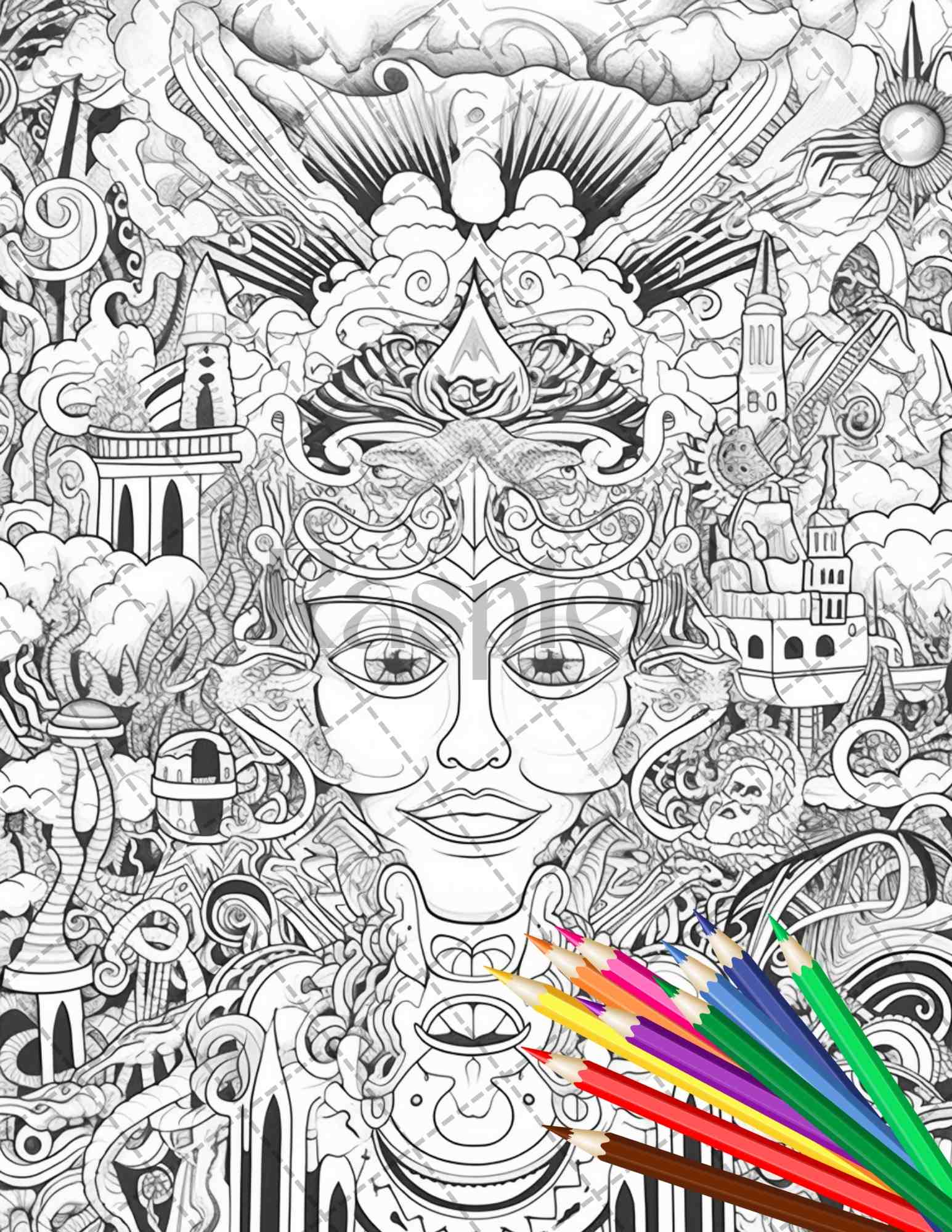 Psychedelic trippy coloring book printable for adults grayscale color â coloring