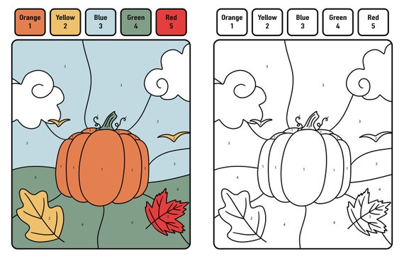 Pumpkin color by number paint by number educational digital printable coloring worksheet ages