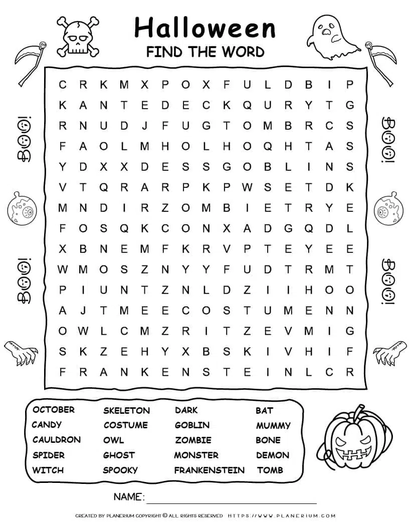 Halloween word search printable with twenty words