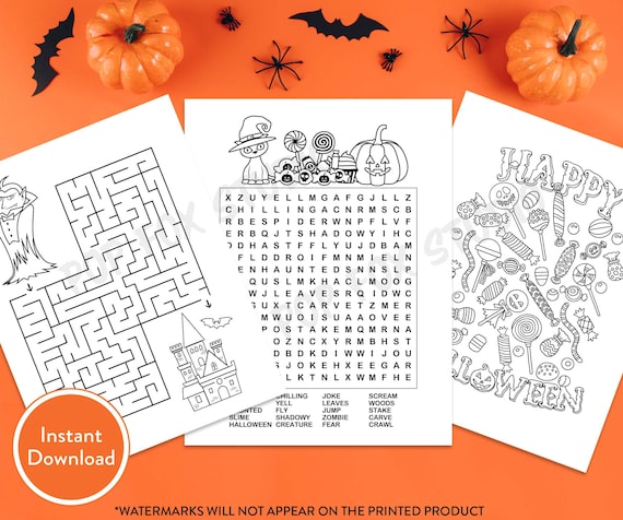 Halloween kids activity bundle printable digital download word search maze and coloring page teacher coloring page