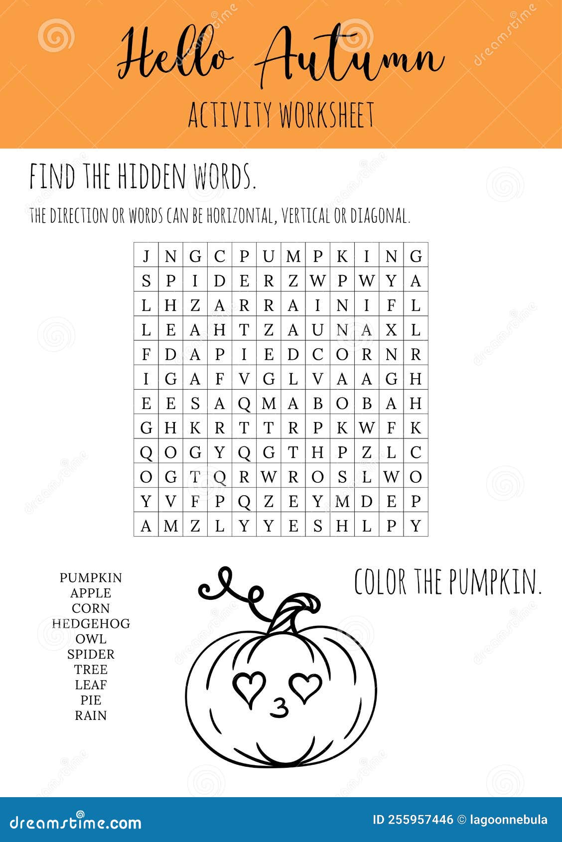 Hello autumn word search puzzle for children coloring page pumpkin crossword game stock vector