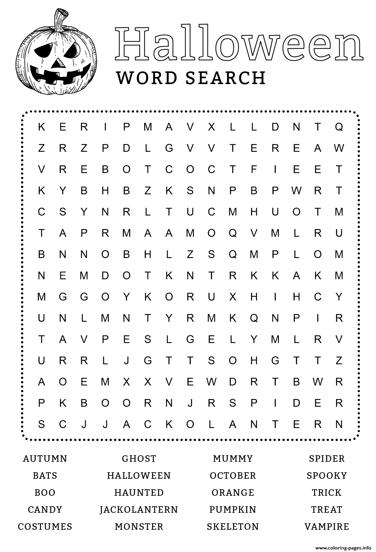 Word search halloween coloring page printable