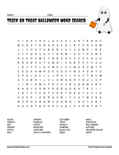 Trick or treat halloween word search â free printable