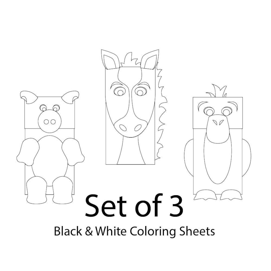 Farm animals paper bag puppets set of blank for coloring printable kids craft