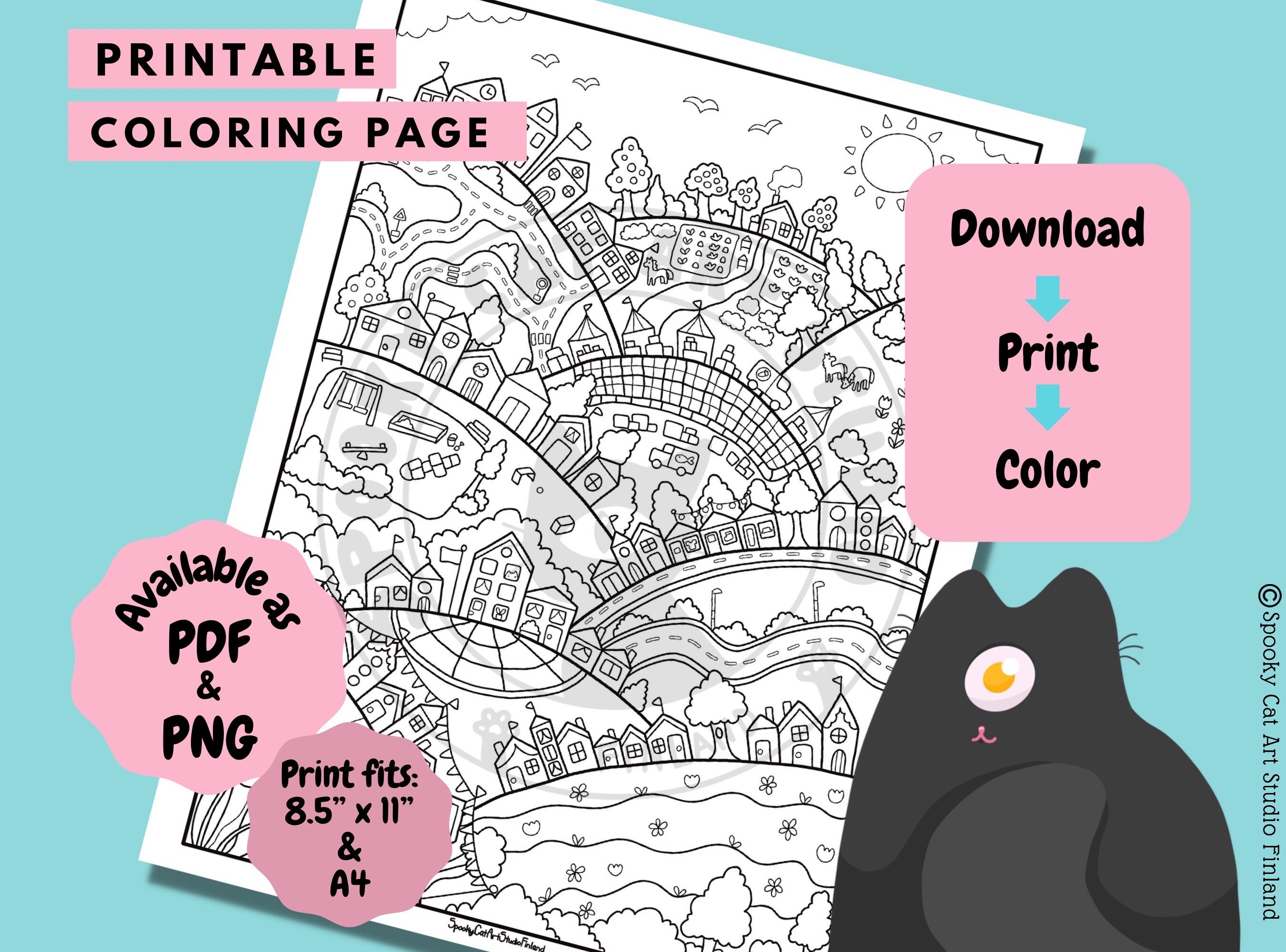 A cozy detailed printable coloring page whimsical town for coloring lovers