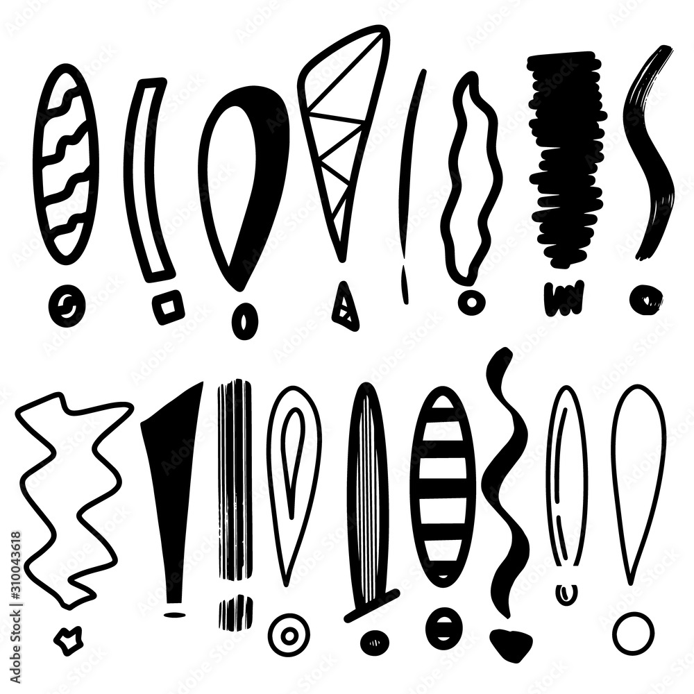 Exclamation mark grunge doodle sketch question marks icon raster set collection drawn illustration on white background hand drawing black print design coloring page book for children adult illustration