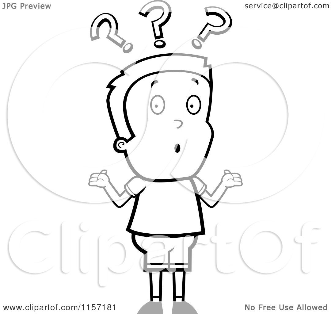 Cartoon clipart of a black and white confused boy shrugging under question marks