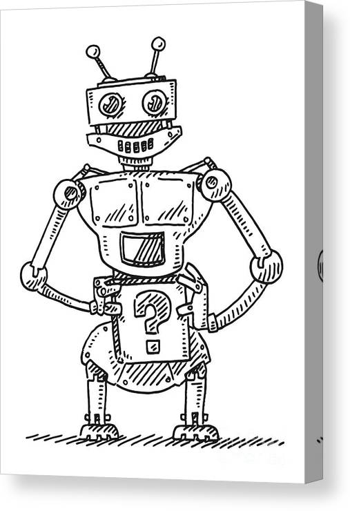 Curious robot with question mark box in hands drawing canvas print canvas art by frank ramspott