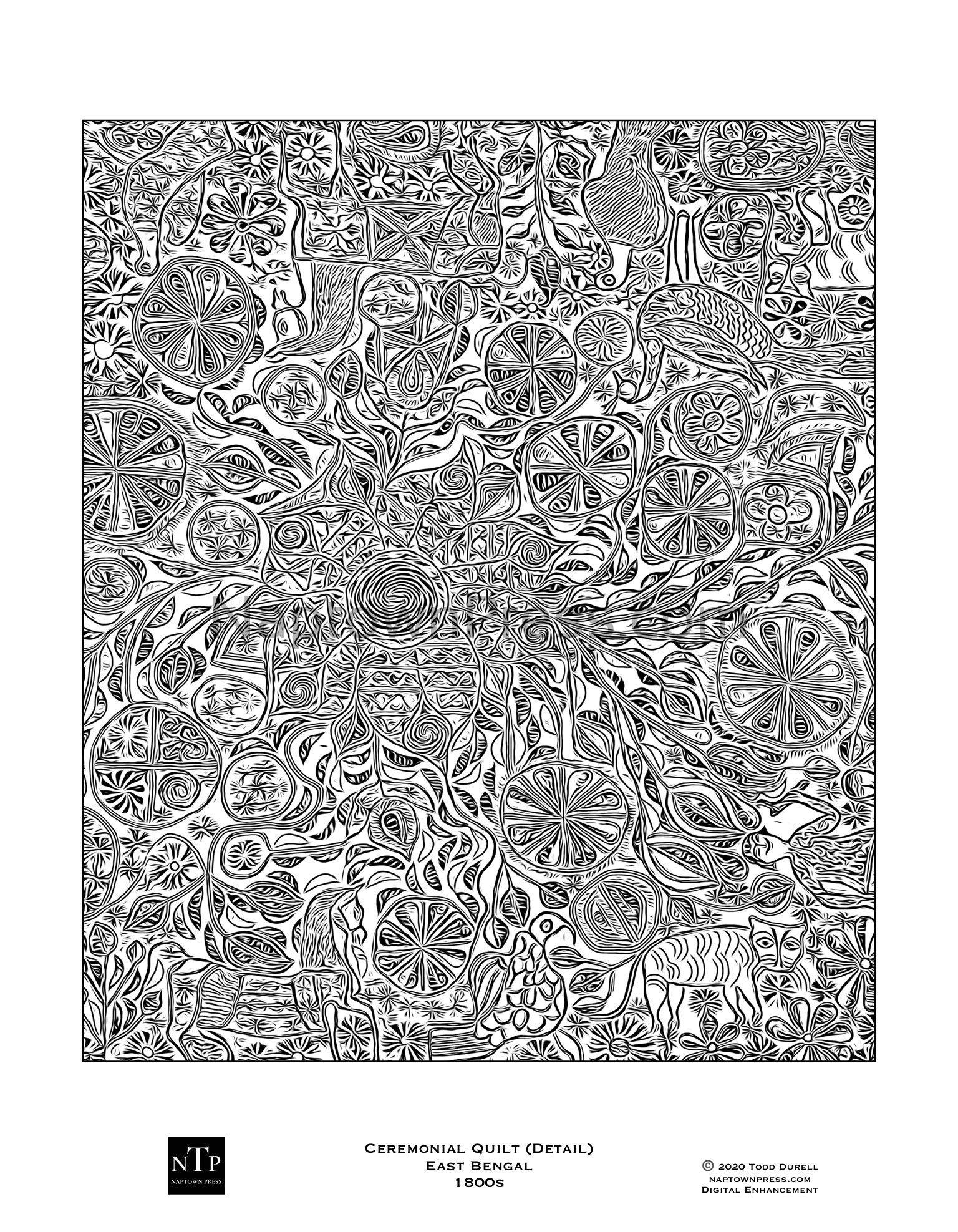 Printable coloring page vintage india quilt with flowers and animals â naptown press