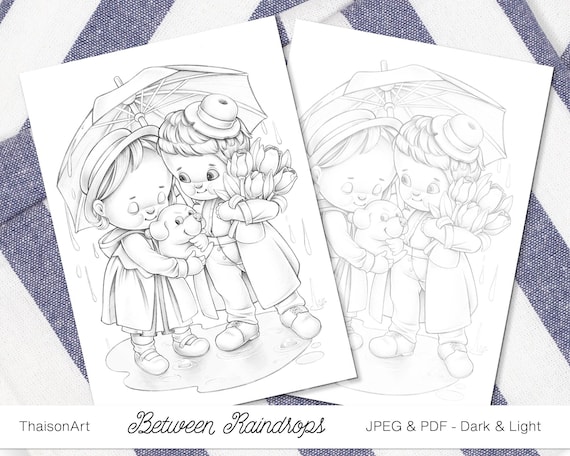 Between raindrops cute grayscale coloring pages for adults and kids printable coloring pages adult valentine day love couple boy and girl