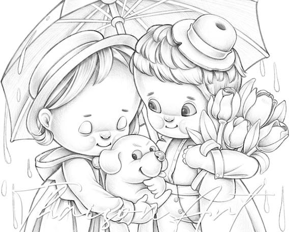 Between raindrops cute grayscale coloring pages for adults and kids printable coloring pages adult valentine day love couple boy and girl