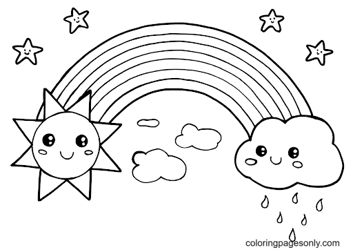 Rainbow with sun and clouds coloring page