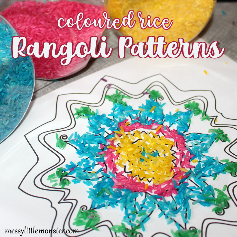 Coloured rice rangoli patterns with template