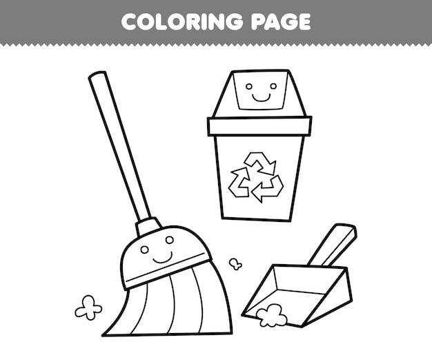Premium vector education game for children coloring page of cute cartoon broom dust pan and recycle bin line art printable tool worksheet