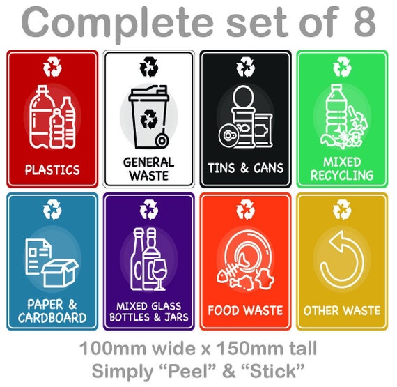 Mixed set of recycling bin sign sticker labels full set of self adhesive
