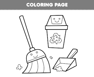 Premium vector education game for children coloring page of cute cartoon broom dust pan and recycle bin line art printable tool worksheet