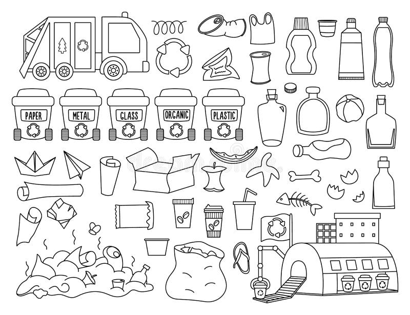 Waste recycling and sorting black and white collection vector ecological line set for kids stock vector