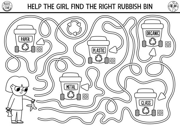 Recycle child with garbage box stock illustrations royalty